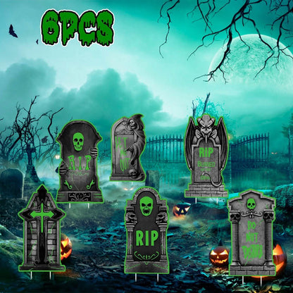6-Pieces: Glow in the Dark Halloween Yard Sign Decorations with 12 Stakes