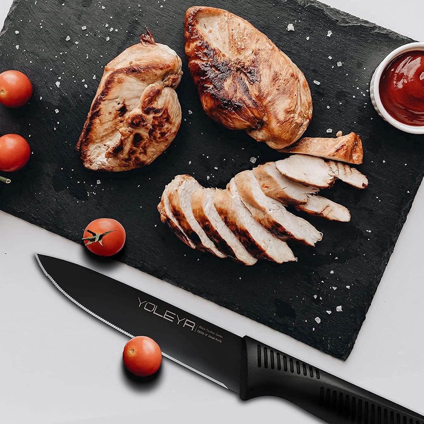 6-Pieces Set: YOLEYA High Carbon German Stainless Steel Black Serrated Steak Knife Set