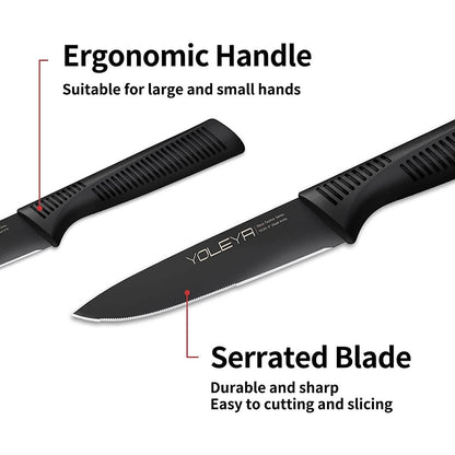 6-Pieces Set: YOLEYA High Carbon German Stainless Steel Black Serrated Steak Knife Set