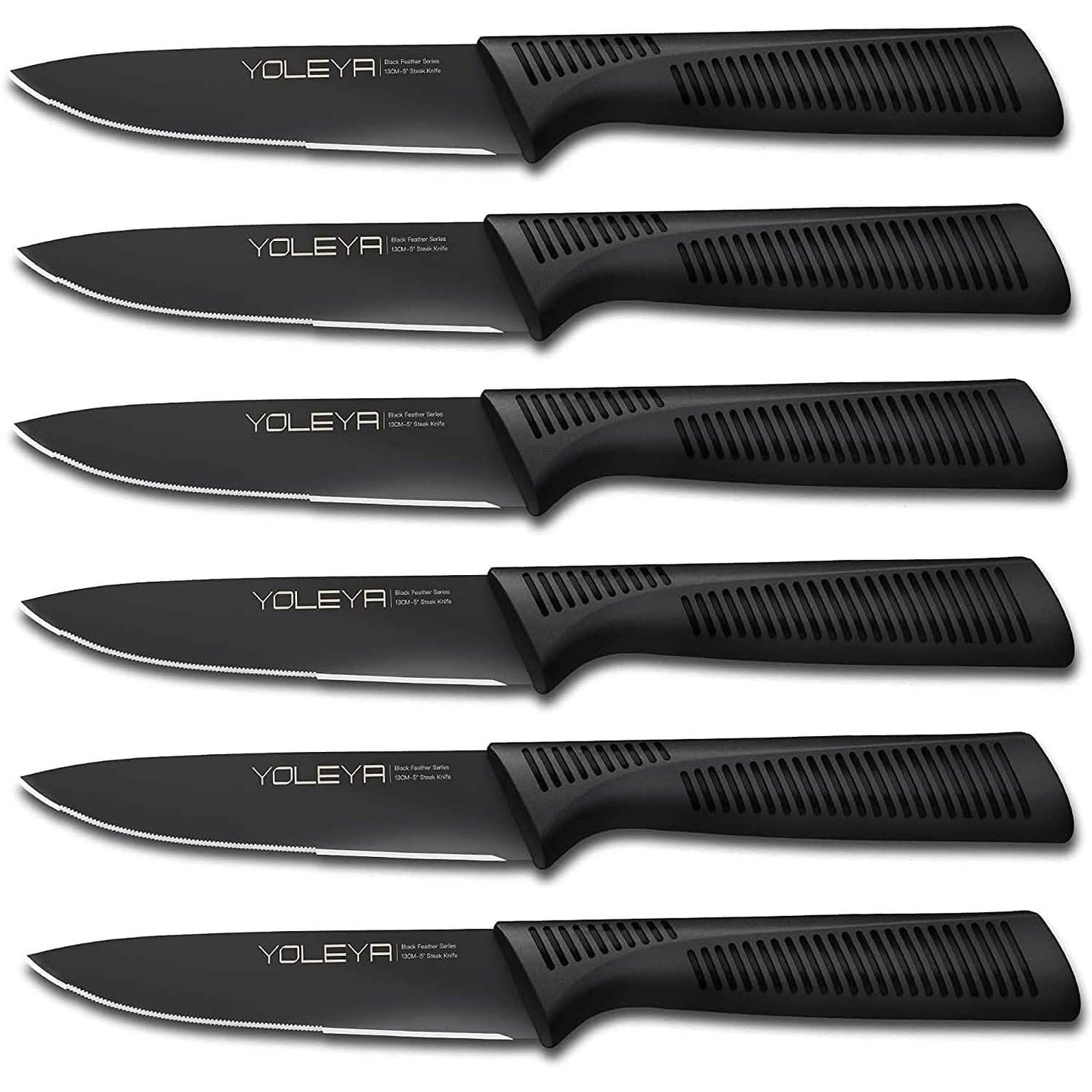 6-Pieces Set: YOLEYA High Carbon German Stainless Steel Black Serrated Steak Knife Set
