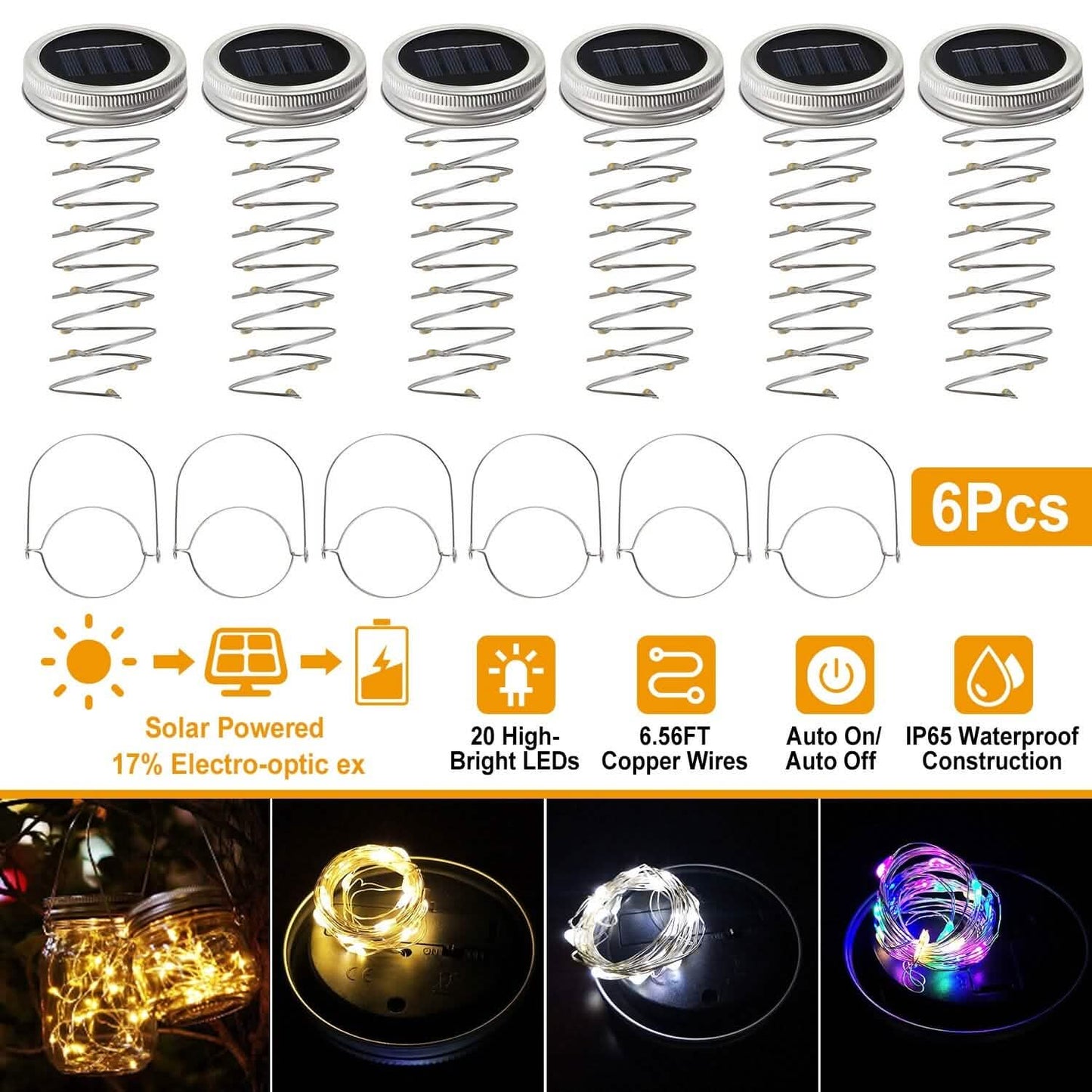 6-Pieces: Solar Powered Mason Jar Lid Lights 20 LEDs