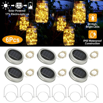 6-Pieces: Solar Powered Mason Jar Lid Lights 20 LEDs