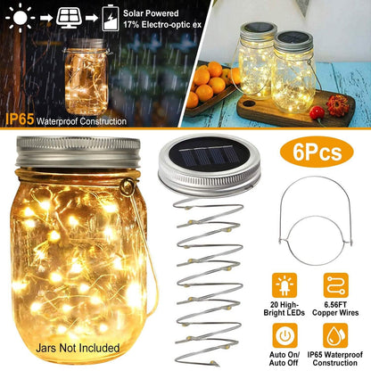 6-Pieces: Solar Powered Mason Jar Lid Lights 20 LEDs