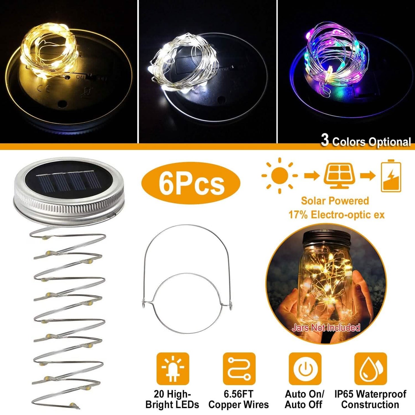 6-Pieces: Solar Powered Mason Jar Lid Lights 20 LEDs