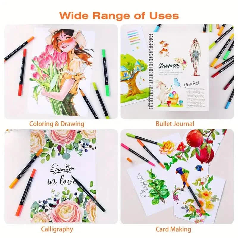 60-Piece Set: Dual Tip Brush Marker Set with Brush & Fineliner Pens