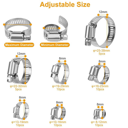 60-Pieces: Hose Clamp Stainless Steel Adjustable Worm Gear