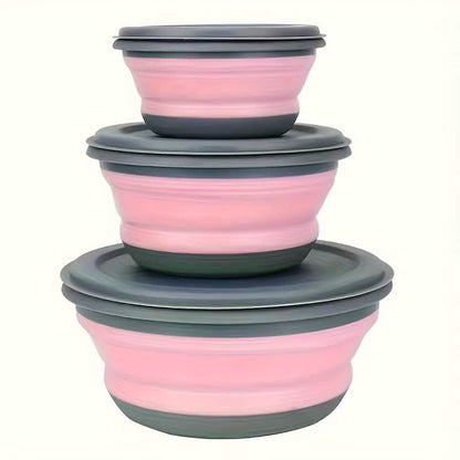 3 Foldable Silicone Camping Bowls with Lids – Blue & Pink