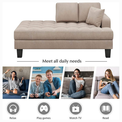 64" Deep Tufted Upholstered Textured Fabric Chaise Lounge Toss Pillow Included
