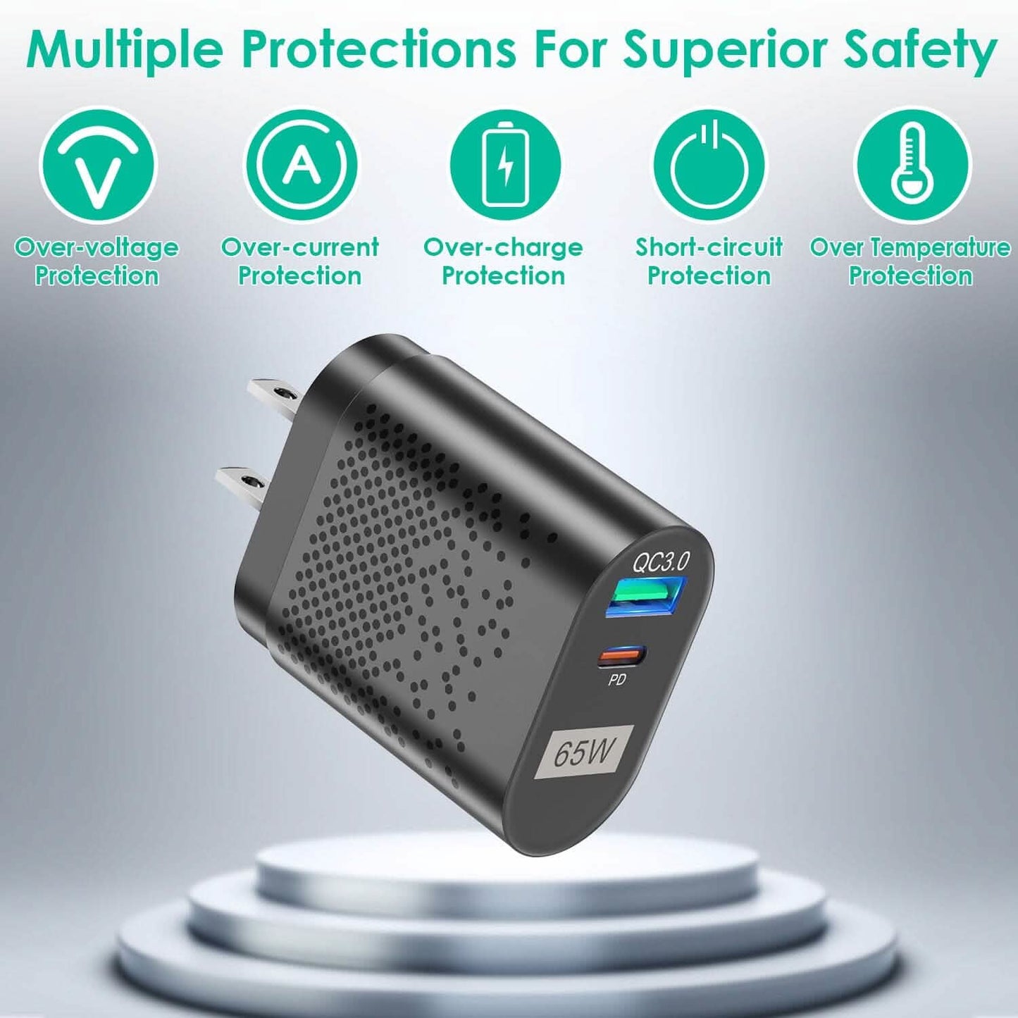 65W Type C Fast Wall Charger PD QC3.0 Adapter