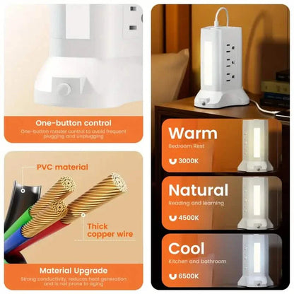 14-in-1 Power Strip Tower with 4 USB Ports & 9 AC Outlets, 10ft Extension Cable, Adjustable 3-Color Night Light