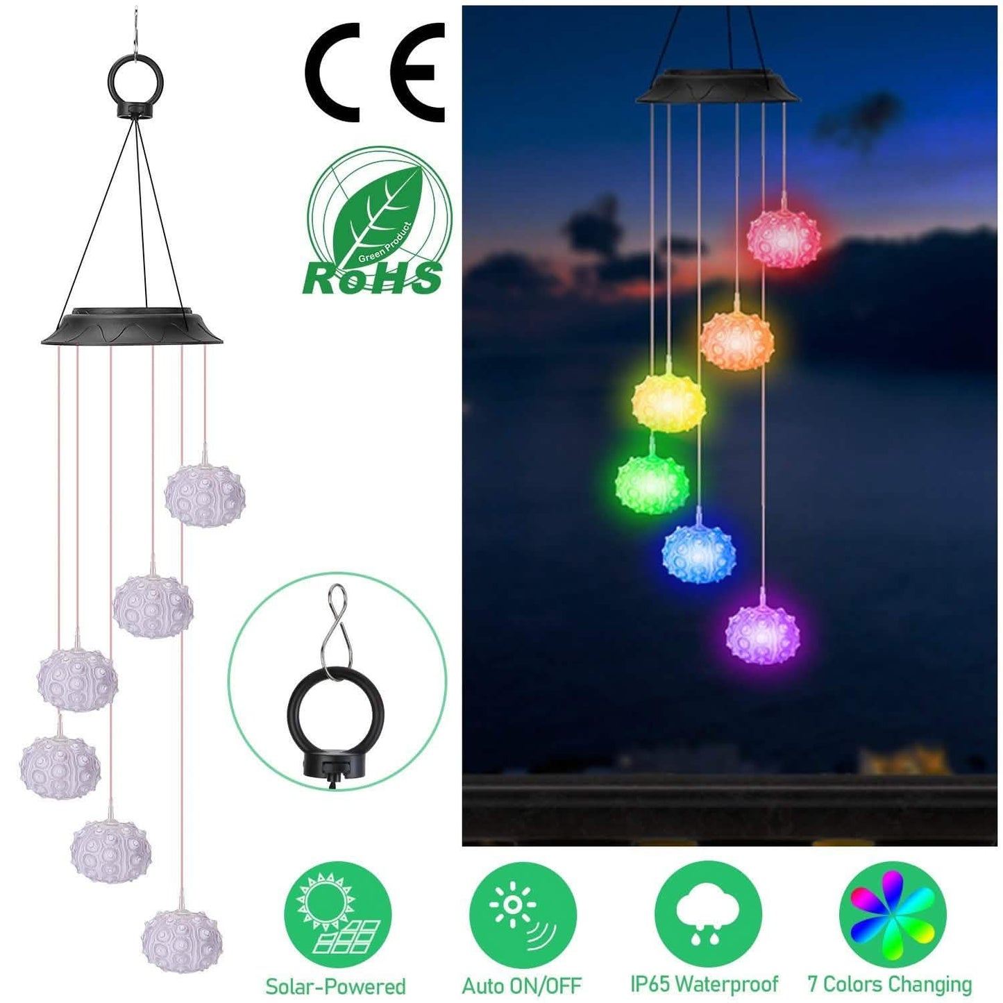 7 Color Changing Solar Wind Chime Lights Sea Urchins Decorative Lamp