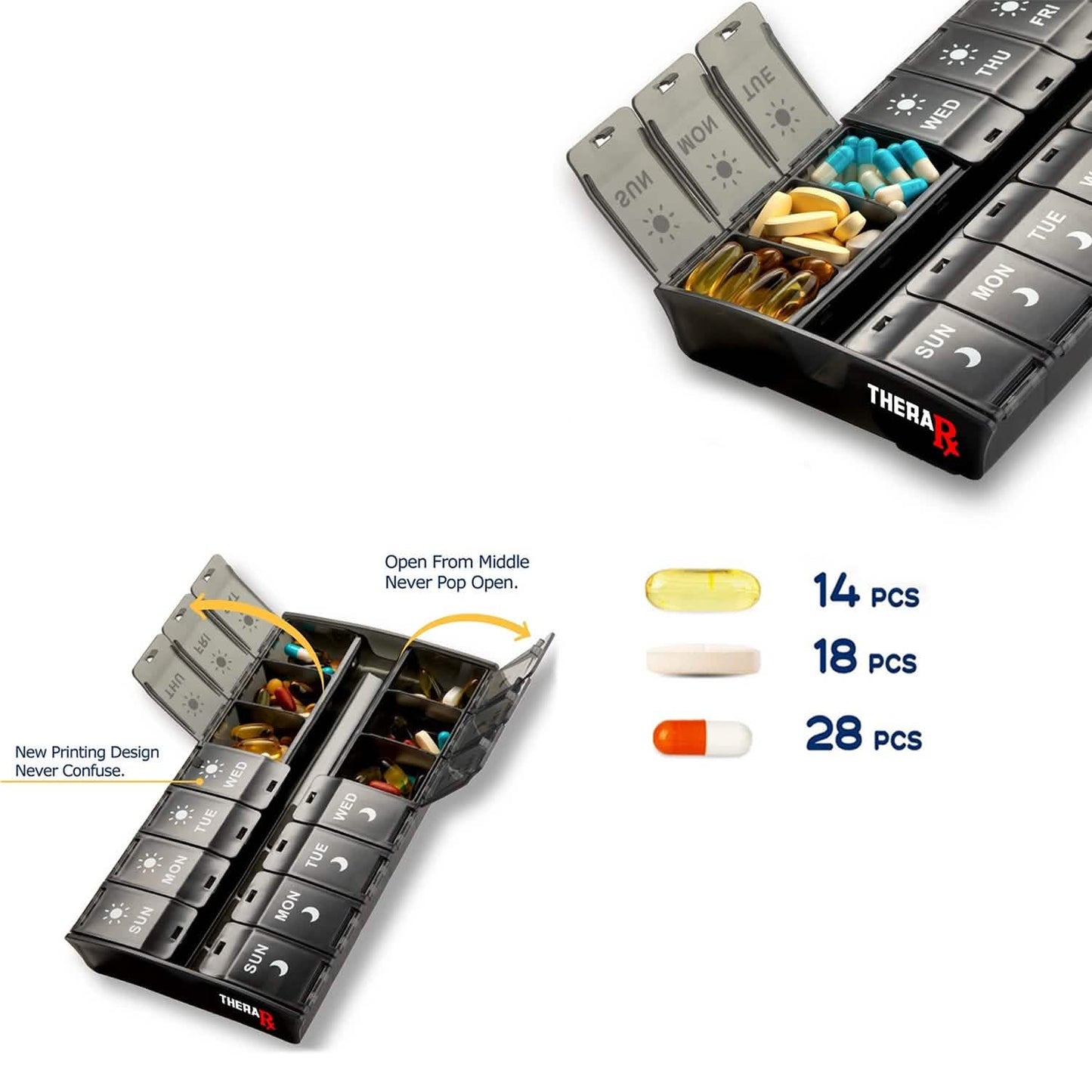 7-Day Push Button Pill, Medicine, Vitamin Organizer with AM/PM Large Compartments