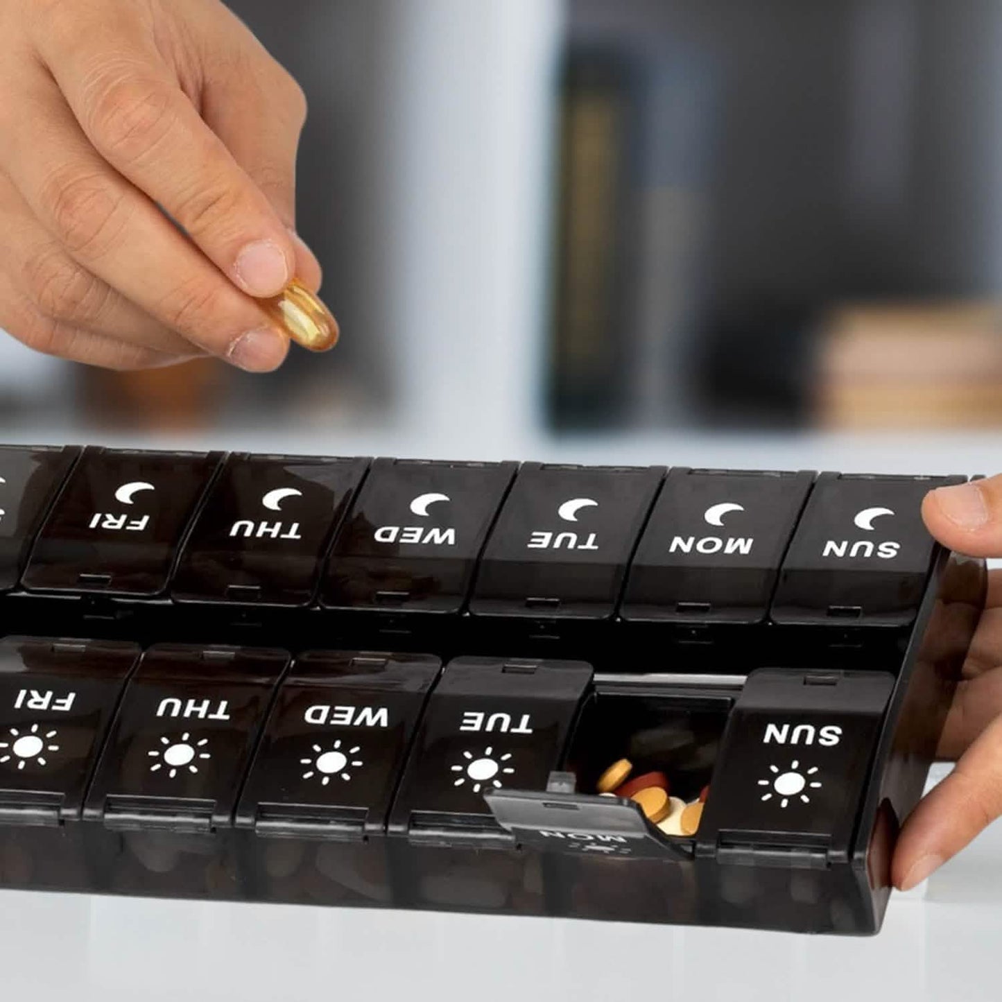 7-Day Push Button Pill, Medicine, Vitamin Organizer with AM/PM Large Compartments
