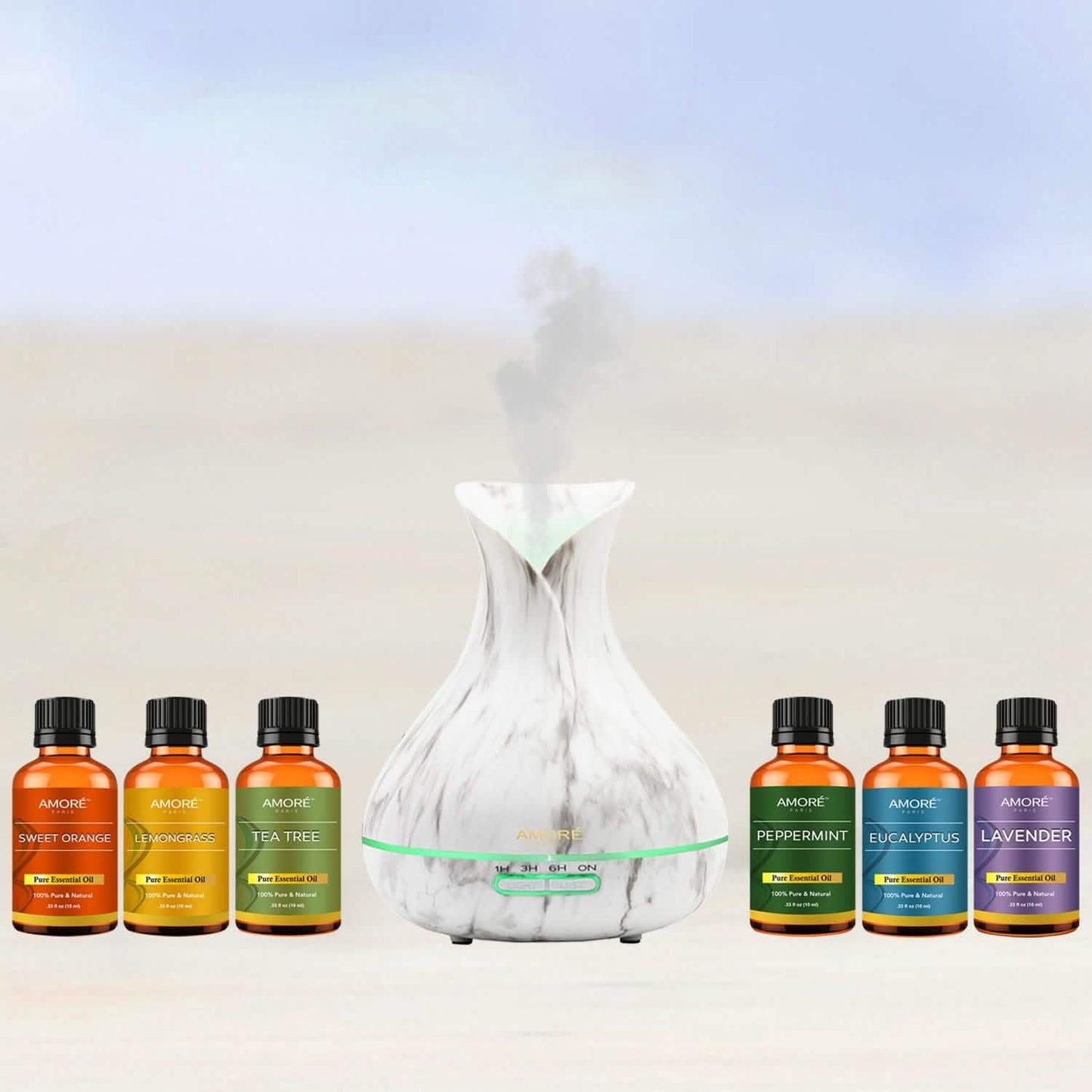 7-Piece: White Marble 300ml Ultrasonic Aroma Diffuser with Essential Oil Gift Set