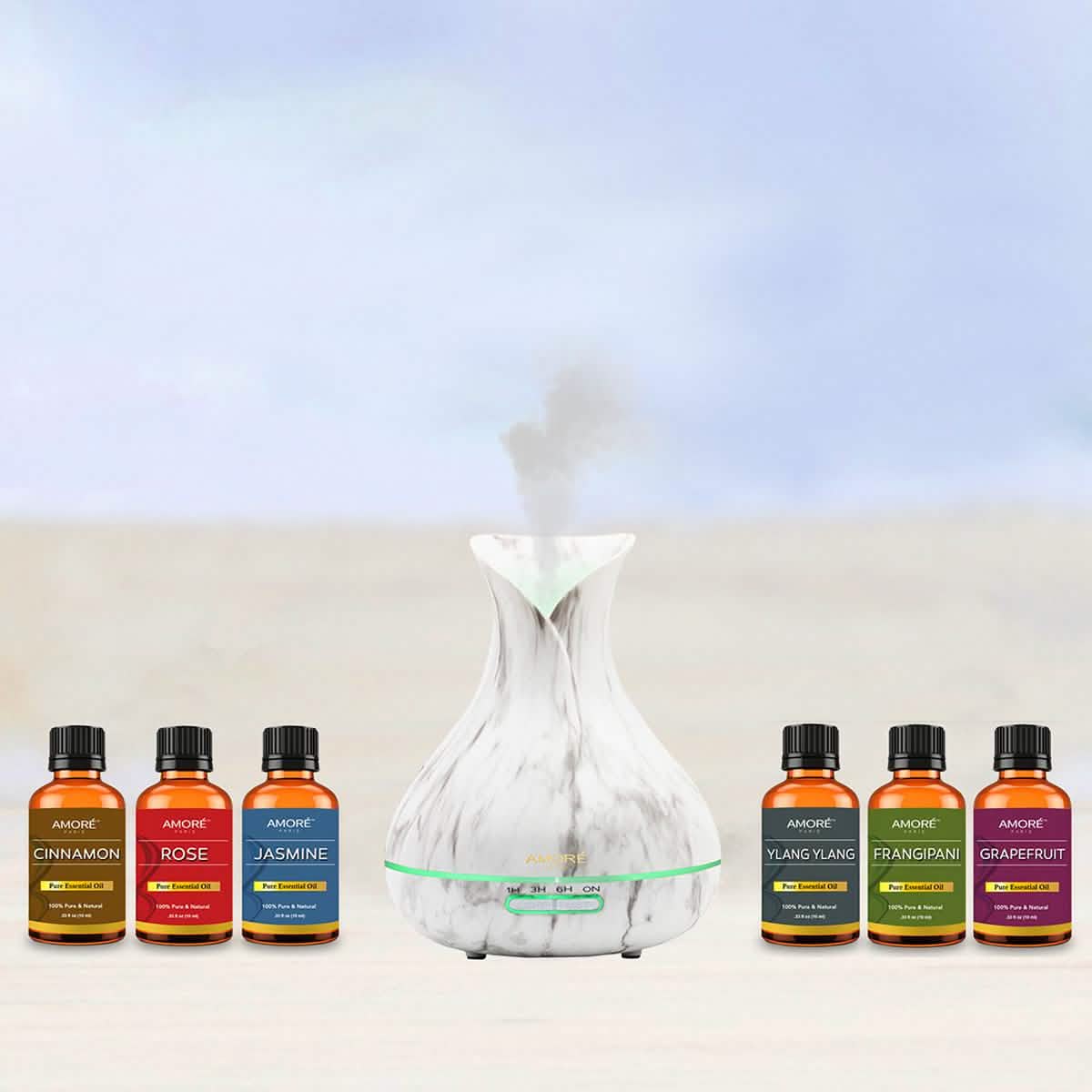 7-Piece: White Marble 300ml Ultrasonic Aroma Diffuser with Essential Oil Gift Set