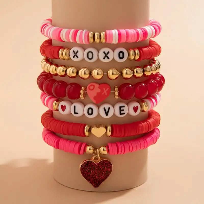 7-Pieces: Fashionable Cute Cartoon Love Heart Charms Pendant Bracelets