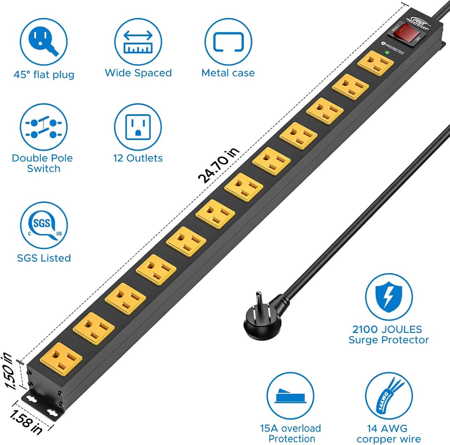 12-Outlet 2100 Joules Heavy Duty Metal Power Strip, Mountable Surge Protector