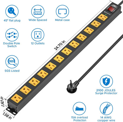 12-Outlet 2100 Joules Heavy Duty Metal Power Strip, Mountable Surge Protector