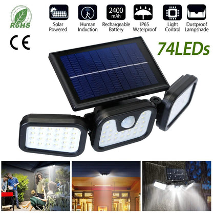 74 LEDs 3 Adjustable Solar Head Motion Sensor Flood Light