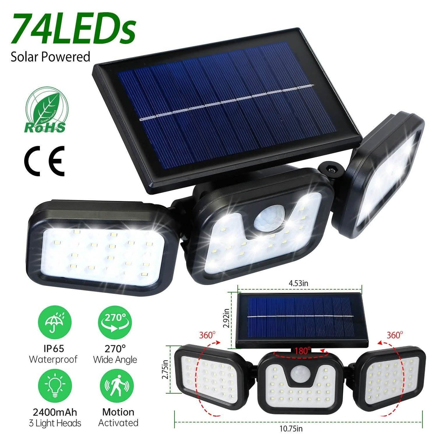 74 LEDs 3 Adjustable Solar Head Motion Sensor Flood Light