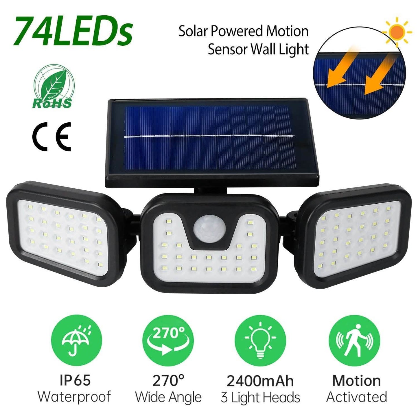 74 LEDs 3 Adjustable Solar Head Motion Sensor Flood Light