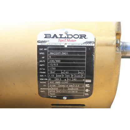 Baldor Super-E 36K220T139G1 5 HP Motor RPM 1750 3 Phase Refurbed