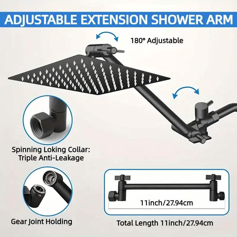 8-Inch High Pressure Showerhead with 11-Inch Adjustable Extension Arm