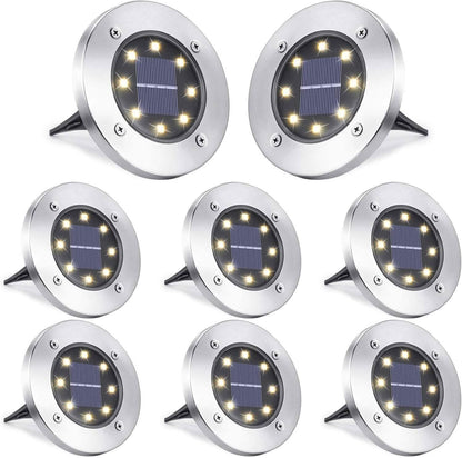 8-Pack: 8 LED Solar Disk Lights Waterproof Garden In-ground Pathway Lights