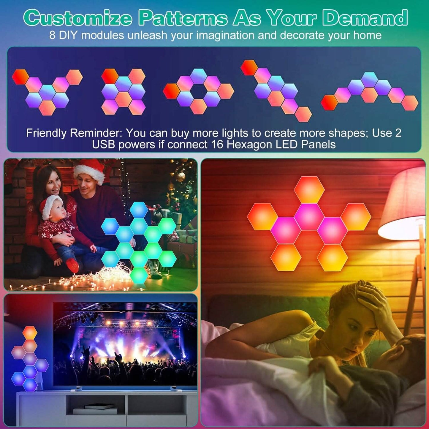 8-Piece: Hexagon Light Panels RGBW Colorful Splicing Wall Lamps