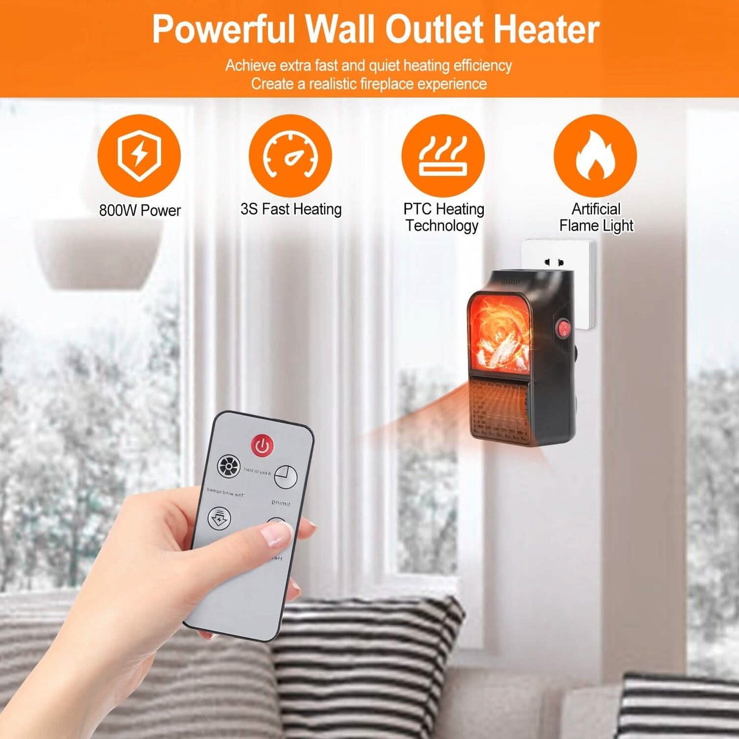800w Plug-In Space Heater Wall Outlet with 360° Rotatable Plug