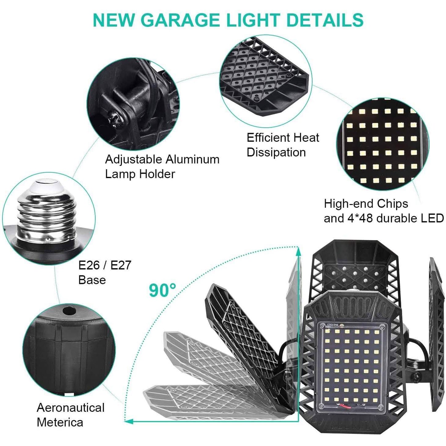 80W Deformable LED Garage Ceiling Lights with 4 Adjustable Panels