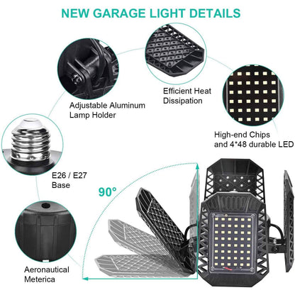 80W Deformable LED Garage Ceiling Lights with 4 Adjustable Panels