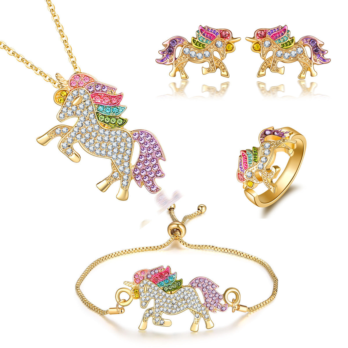 Colorful Cartoon-Themed Unicorn Earrings, Necklace, Ring & Bracelet Jewelry Set