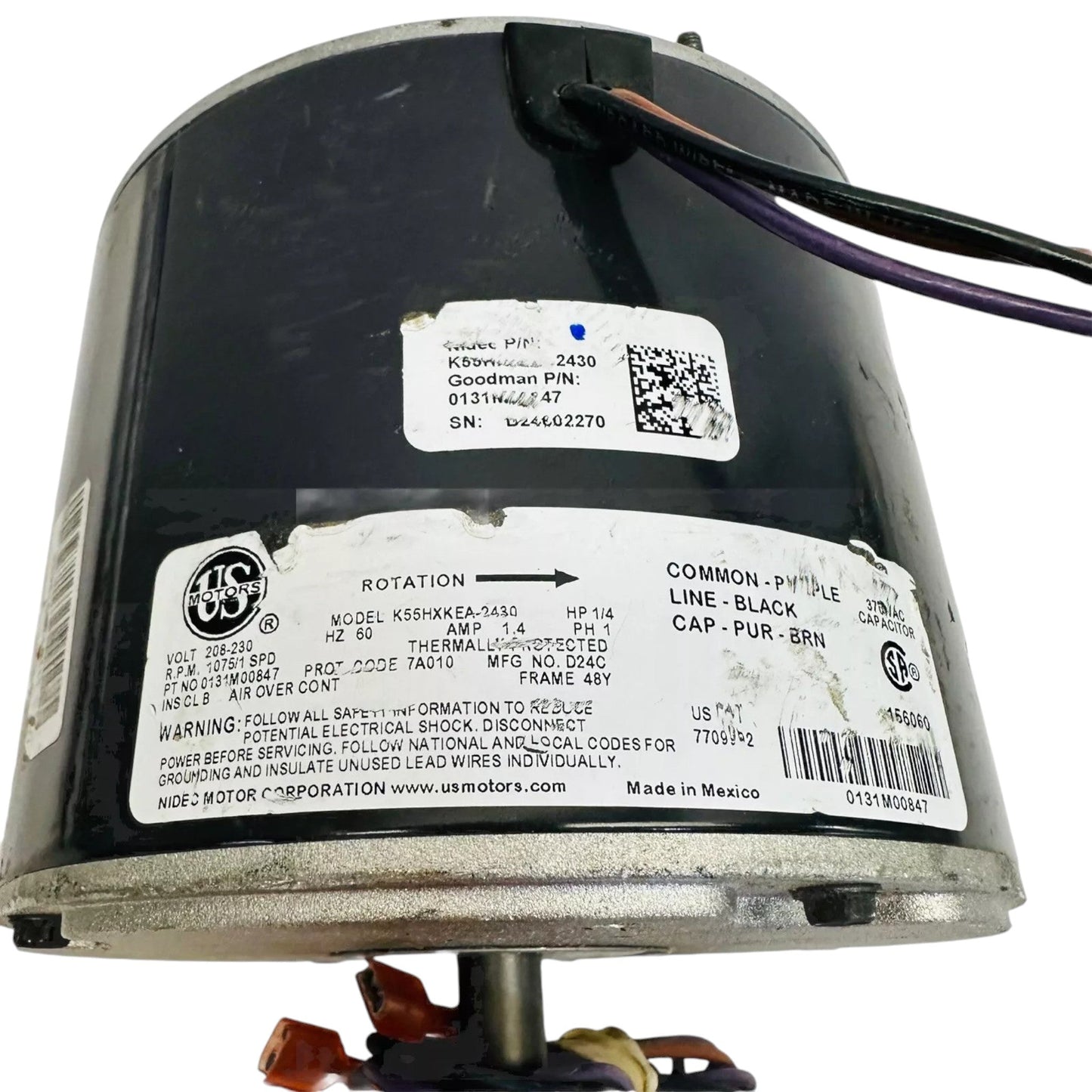 Goodman 0131M00847 / US Motors K55HXKEA-2430 1/4 HP 1075 rpm 1 spd Blower Motor 208 - 230 V