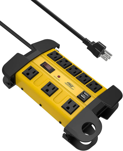 Wide Spaced 8-Outlet Heavy Duty Metal Power Strip Surge Protector, 1350 Joules Protection, Dual USB Ports