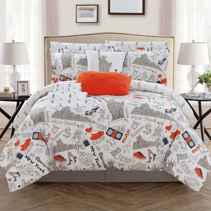 9-Piece Set: Liberty Reversible Comforter Set New York Theme Printed Design Bed