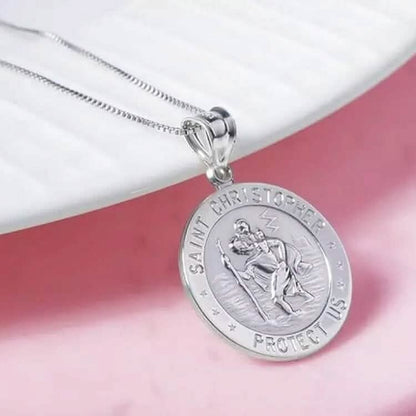 925 Sterling Silver 20MM Saint Christopher Religious Pendant Necklace
