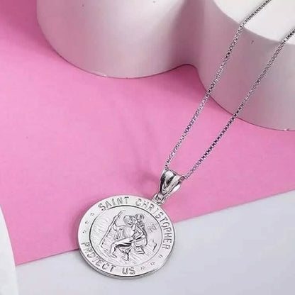 925 Sterling Silver 20MM Saint Christopher Religious Pendant Necklace