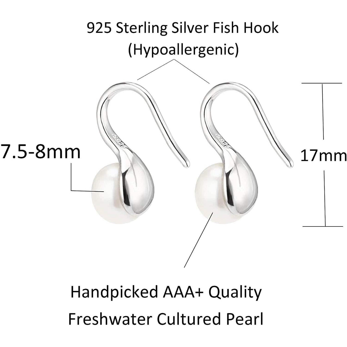 925 Sterling Silver 7.5-8mm White Freshwater Cultured Pearl Dangle Drop Earrings