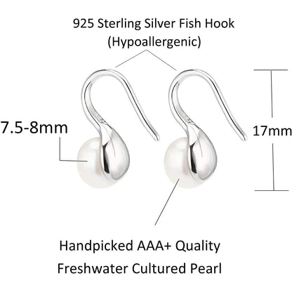 925 Sterling Silver 7.5-8mm White Freshwater Cultured Pearl Dangle Drop Earrings