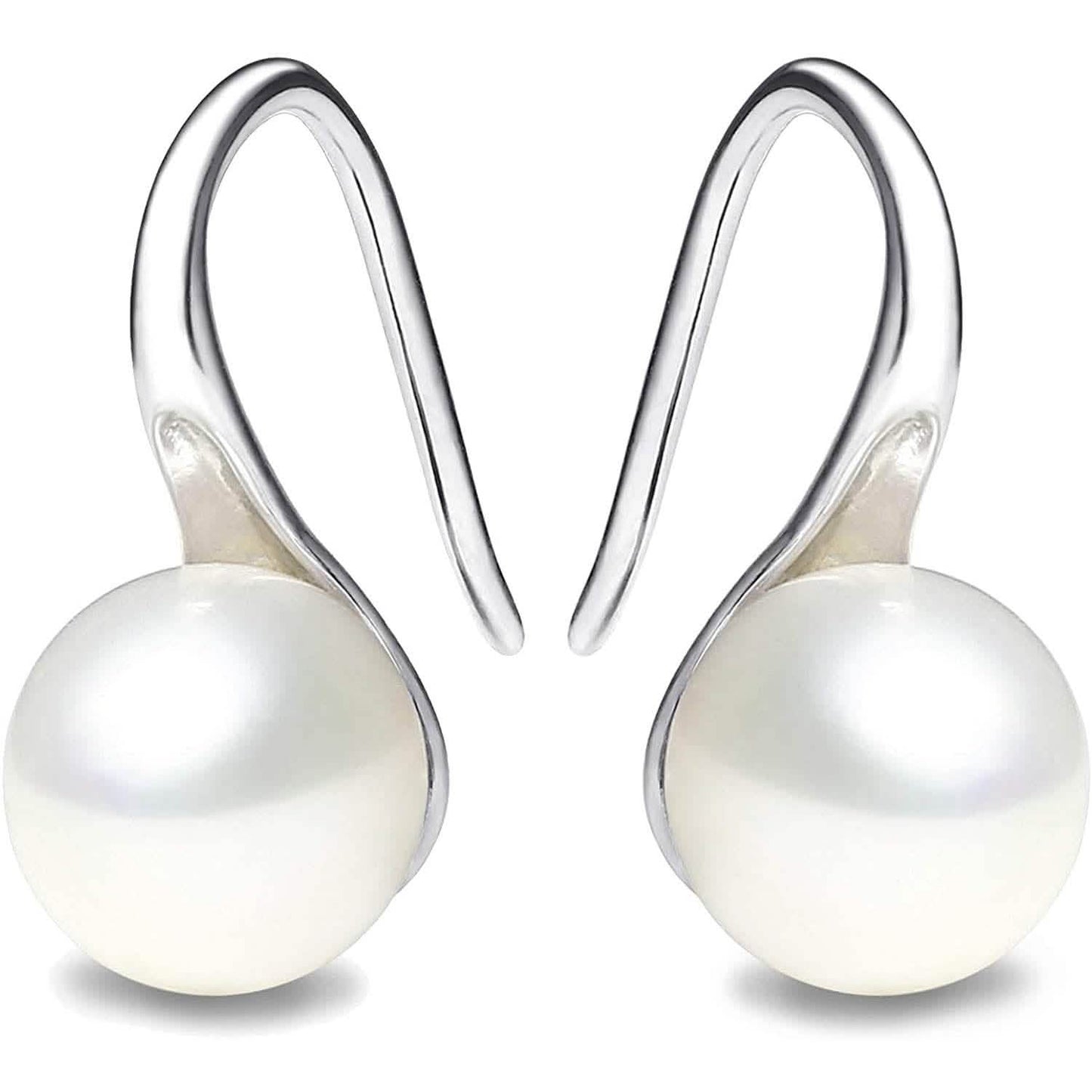 925 Sterling Silver 7.5-8mm White Freshwater Cultured Pearl Dangle Drop Earrings