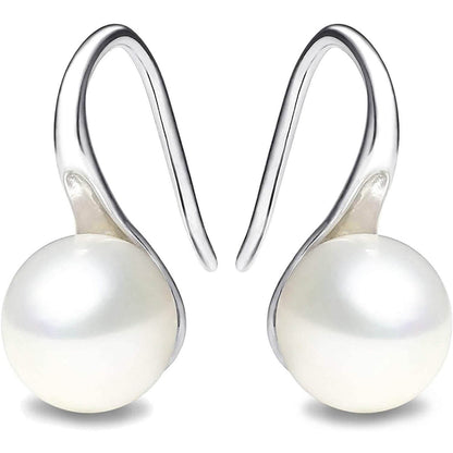 925 Sterling Silver 7.5-8mm White Freshwater Cultured Pearl Dangle Drop Earrings