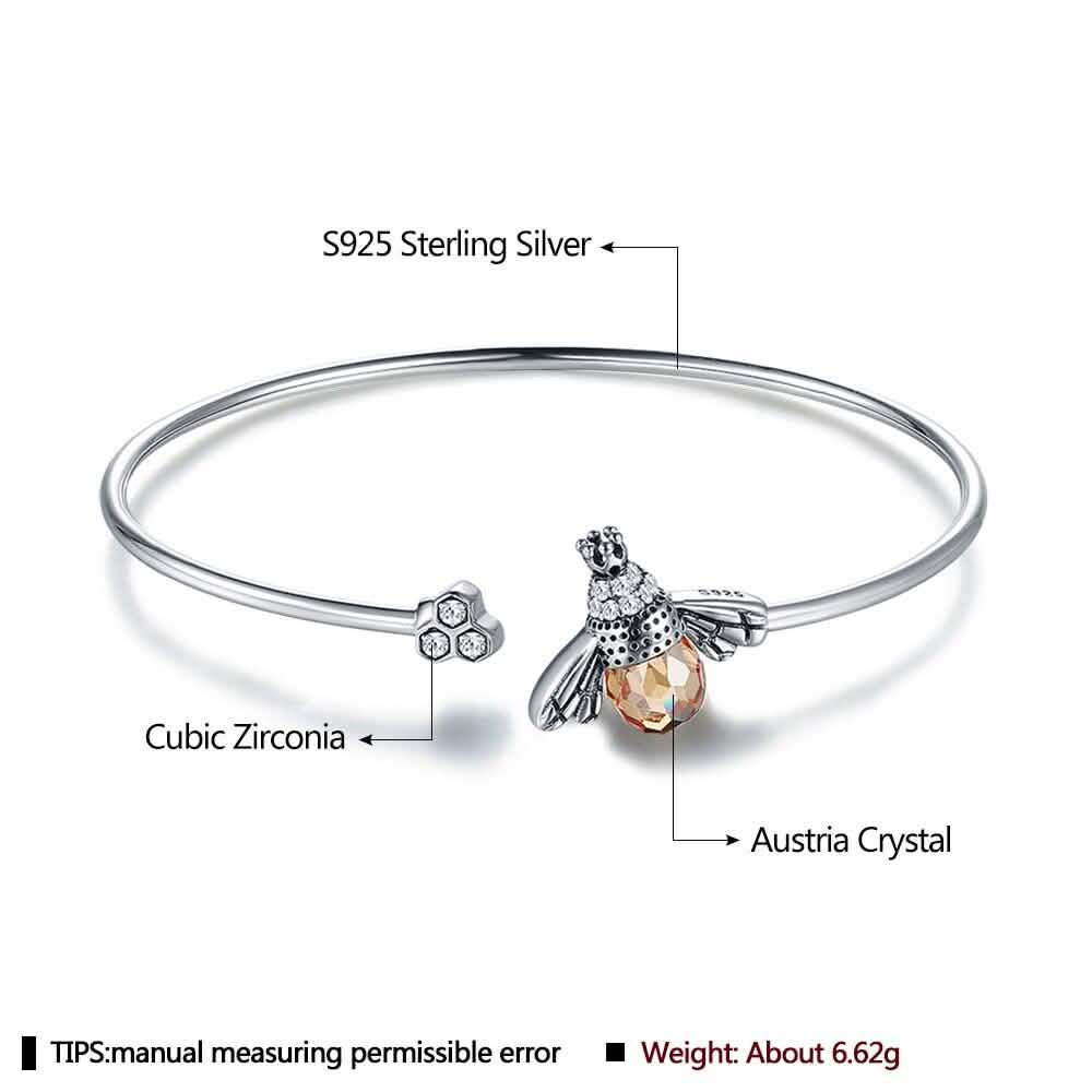 925 Sterling Silver  Bee Shape Cubic Zirconia and Austria Crystal Cuff Bracelet