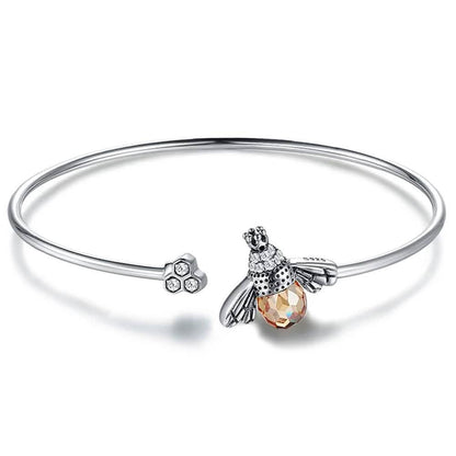 925 Sterling Silver  Bee Shape Cubic Zirconia and Austria Crystal Cuff Bracelet