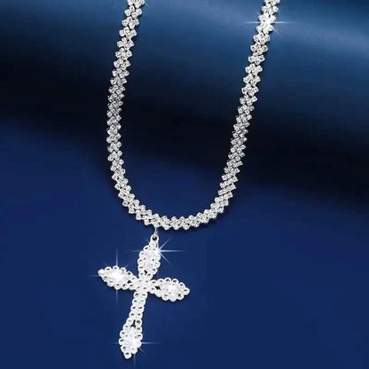 925 Sterling Silver Cross Pendant Necklace with Sparkling Rhinestone Embellishments
