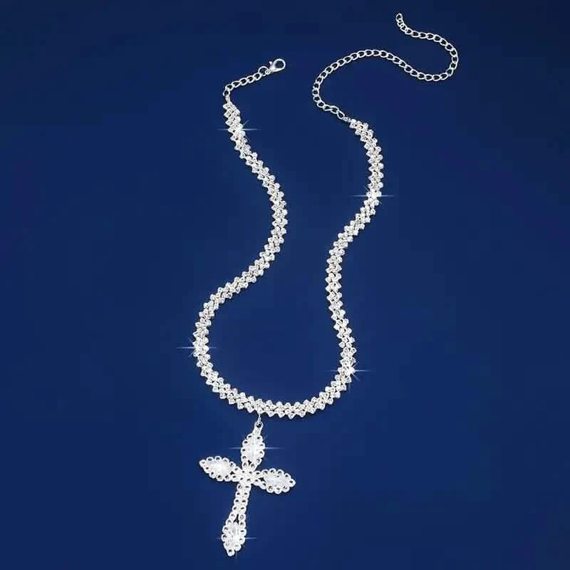925 Sterling Silver Cross Pendant Necklace with Sparkling Rhinestone Embellishments