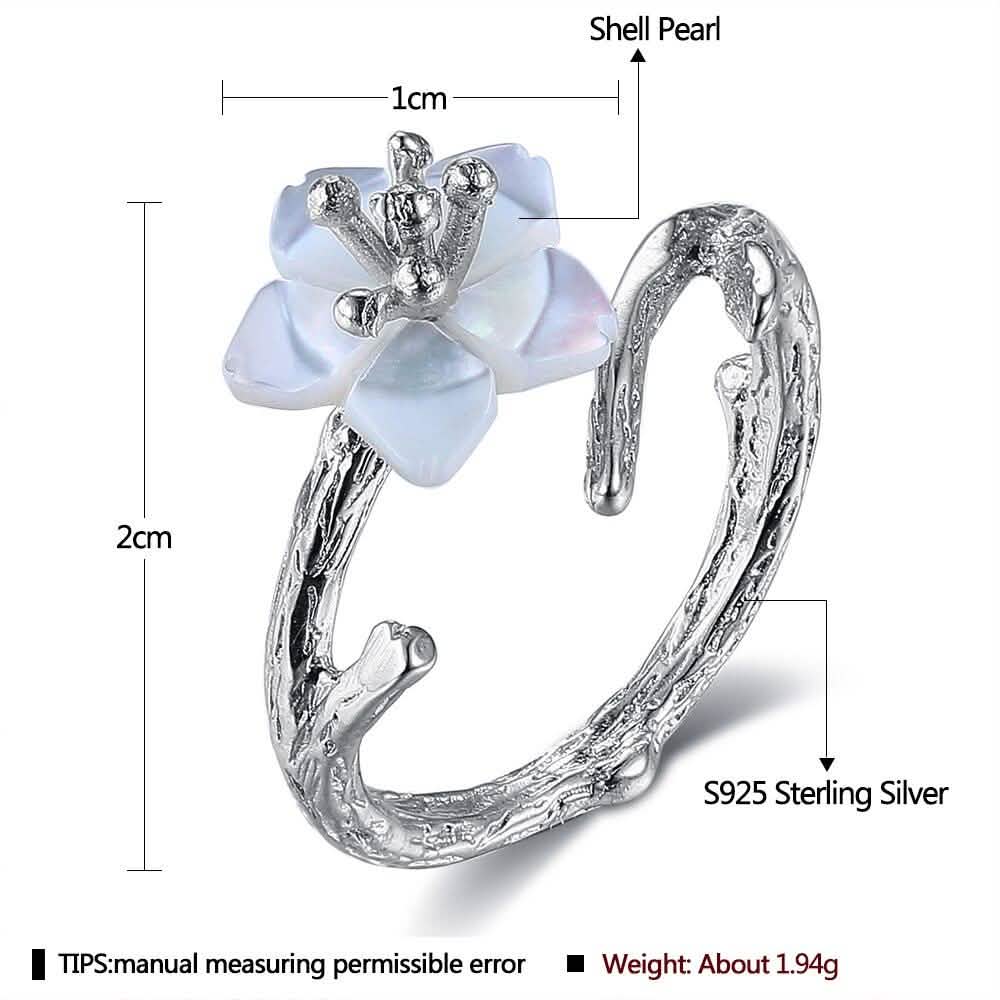 925 Sterling Silver White Cherry Blossom Shell Pearl Flower Branch Rings