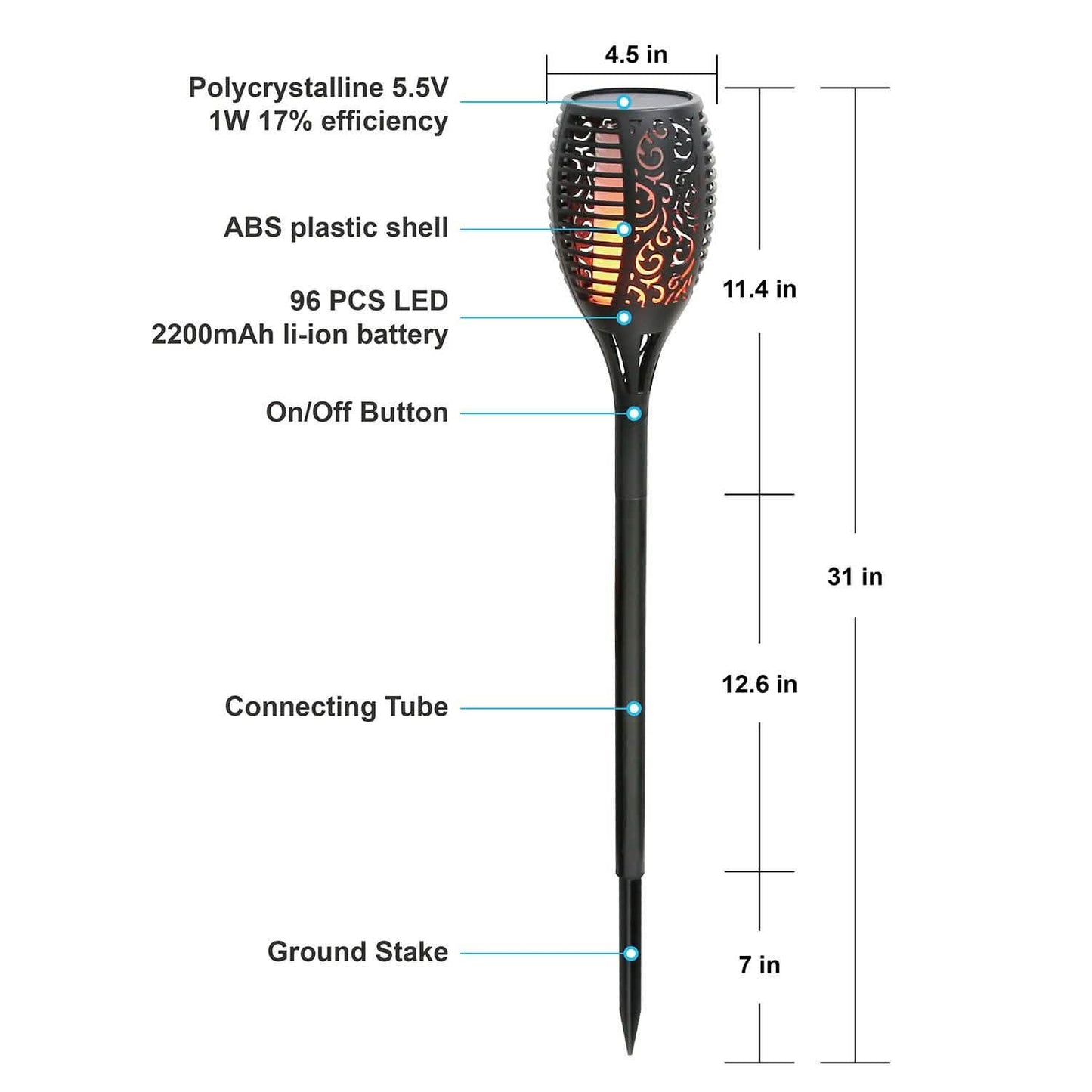 96 LEDs Solar Flame Torch Light