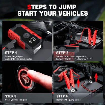 Portable 12V Car Jump Starter, Battery Charger, Air Pump (LED Display)