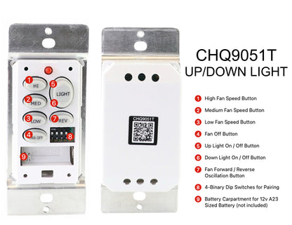 Anderic CHQ9051T Wireless Wall Switch Ceiling Fan Remote Control for 3-Speed Fans with Up & Down Light and Reverse Keys